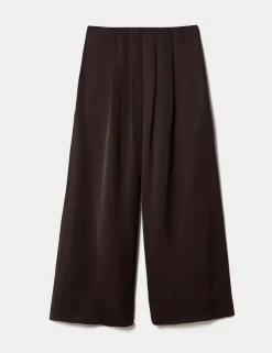 Satin Pleated Wide Leg Ankle Grazer Trousers