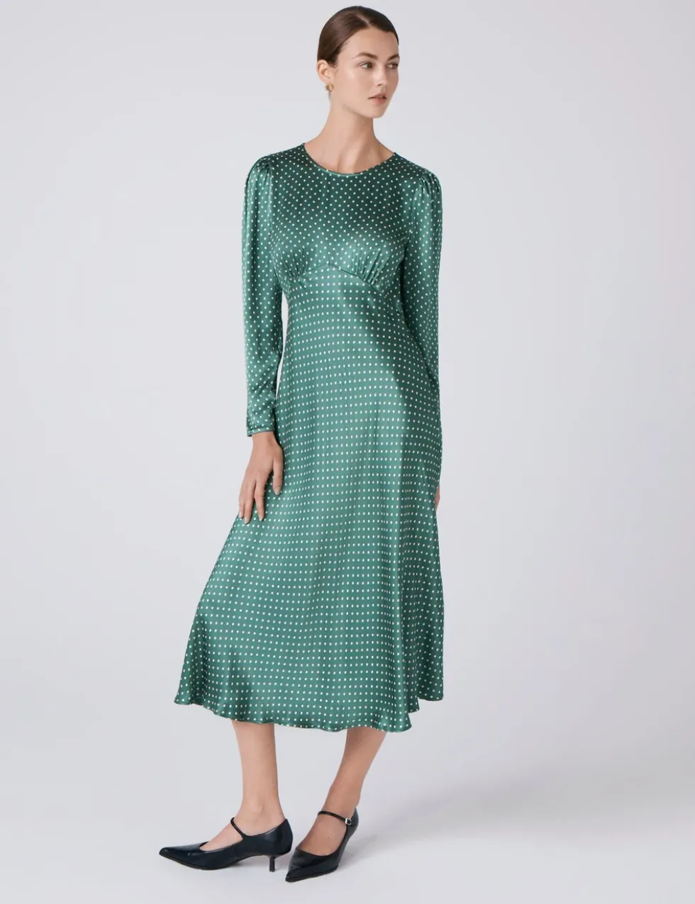 Satin Polka Dot Round Neck Midi Skater Dress
