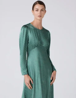 Satin Polka Dot Round Neck Midi Skater Dress
