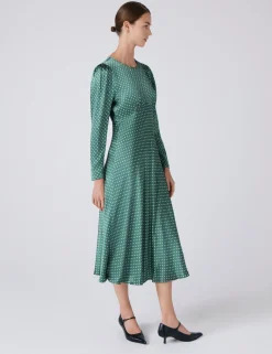Satin Polka Dot Round Neck Midi Skater Dress