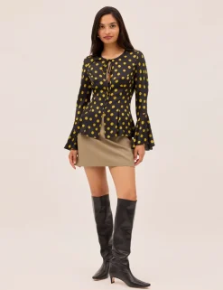 Satin Polka Dot Tie Neck Top
