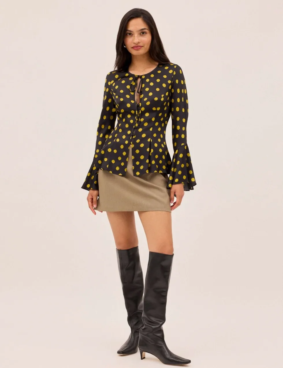 Satin Polka Dot Tie Neck Top