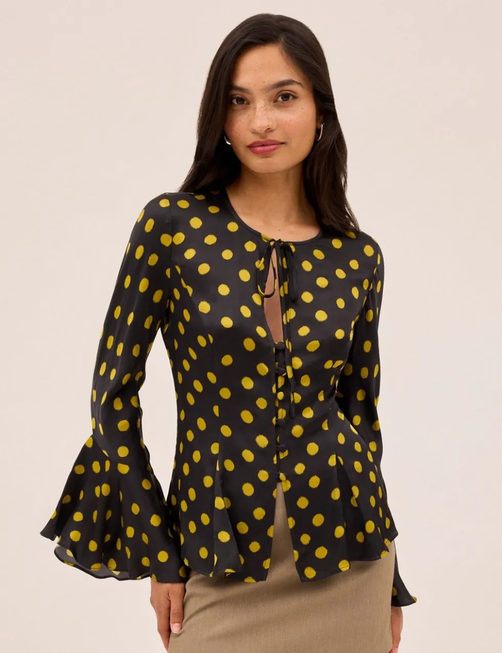 Satin Polka Dot Tie Neck Top