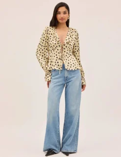 Satin Polka Dot V-Neck Tie Front Blouse