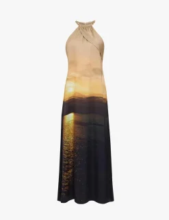 Satin Printed Halter Neck Midaxi Column Dress