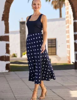 Satin Spot Print Midi A-Line Skirt