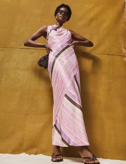 Satin Striped Cowl Neck Maxi Dress