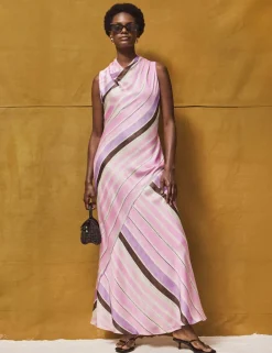 Satin Striped Cowl Neck Maxi Dress