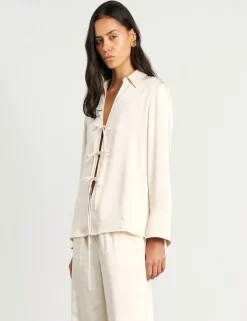 Satin Tie Front Collared Shirt