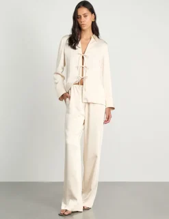 Satin Tie Front Collared Shirt