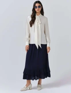 Satin Tie Neck Button Through Blouson Sleeve Blouse