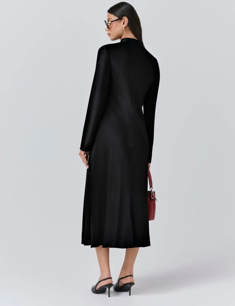 Satin Tie Neck Midi Skater Dress
