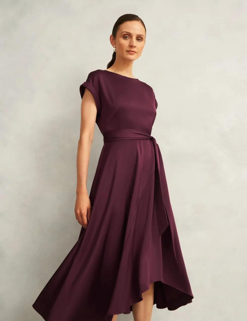 Satin Tie Waist Knee Length Skater Dress