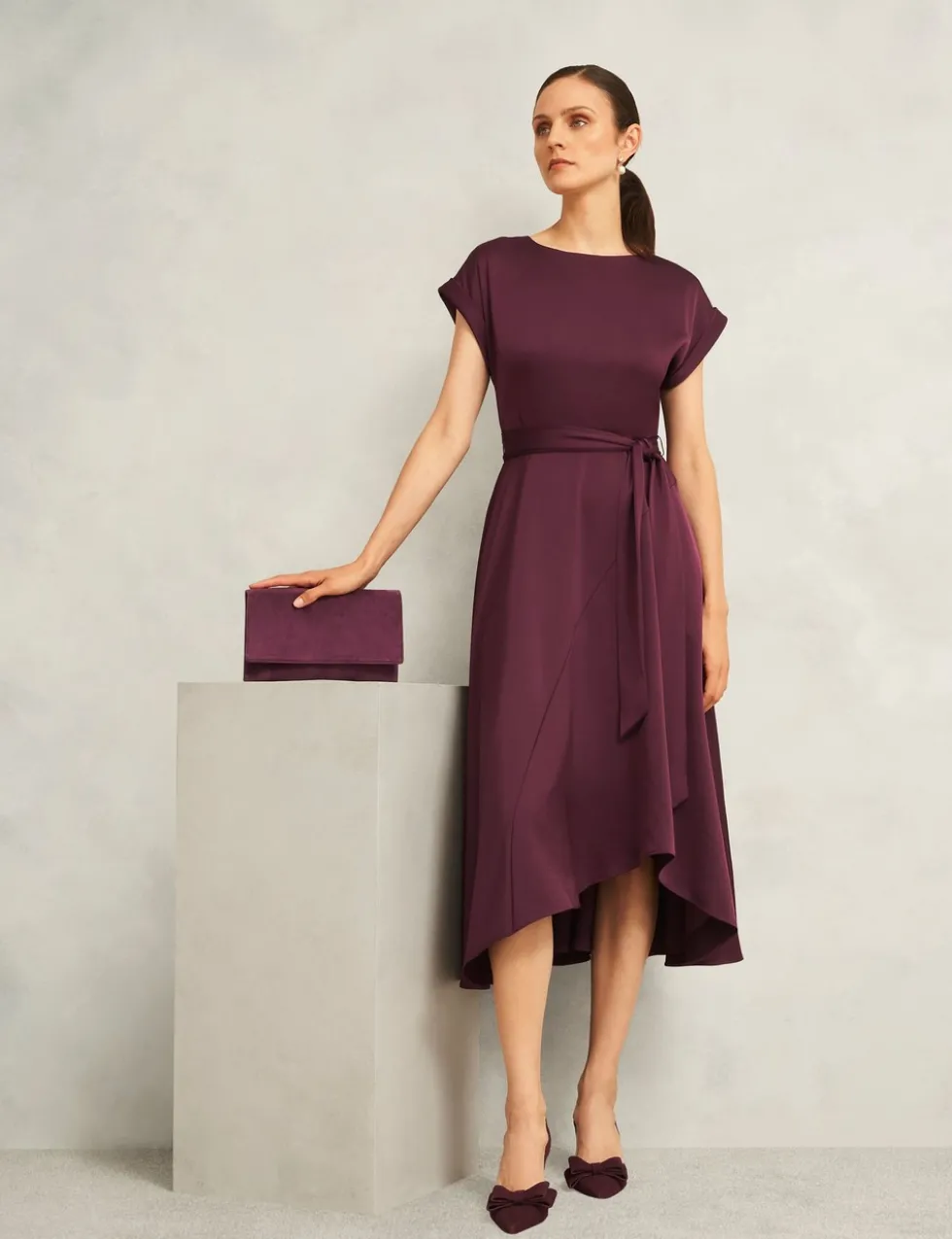 Satin Tie Waist Knee Length Skater Dress