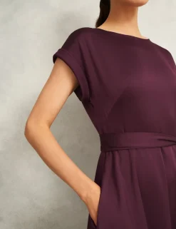 Satin Tie Waist Knee Length Skater Dress