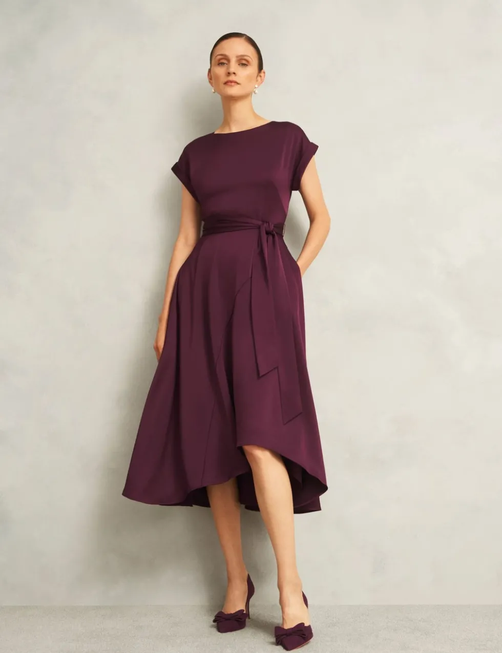Satin Tie Waist Knee Length Skater Dress