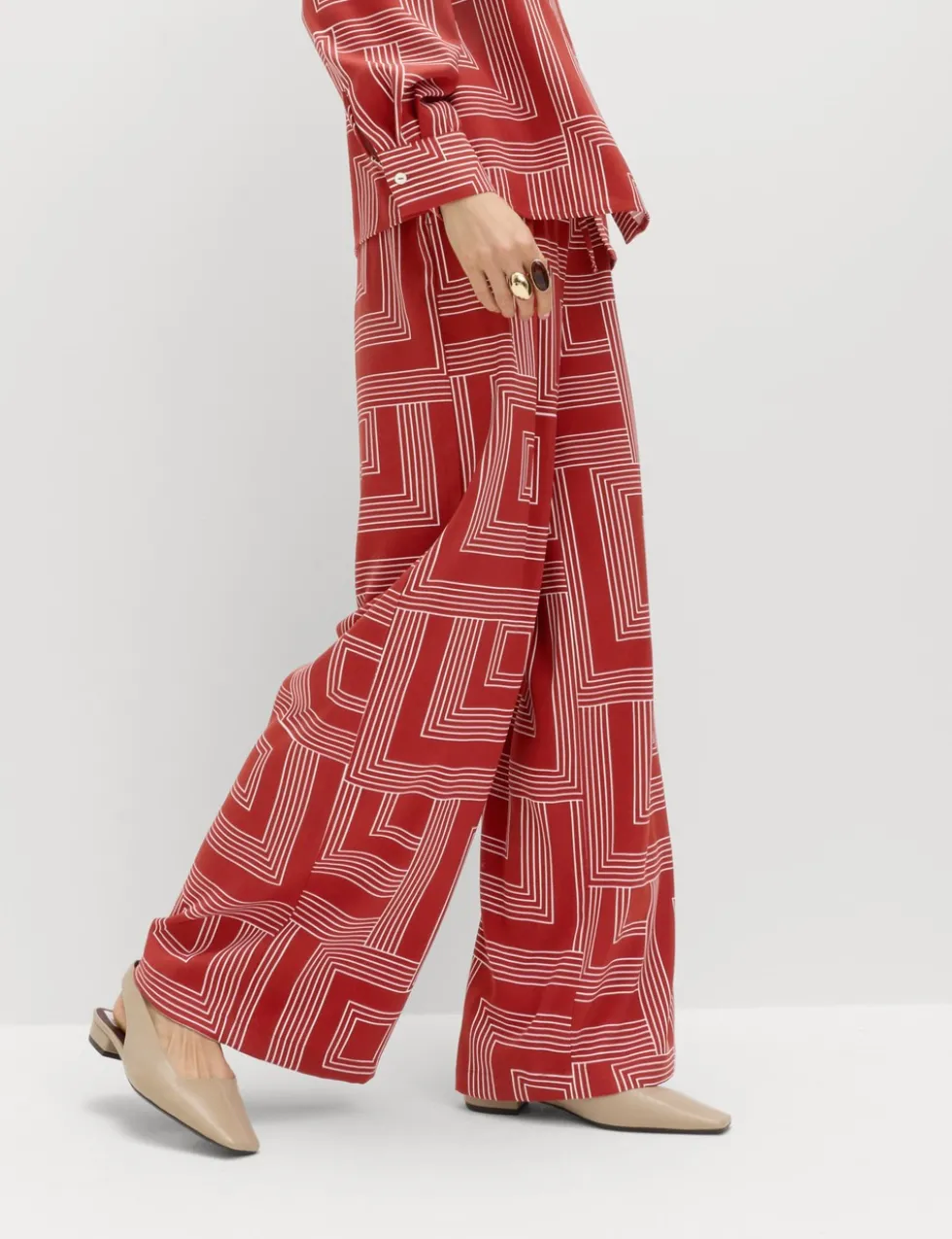 Satin Twill Printed Wide Leg Trousers