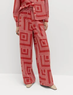 Satin Twill Printed Wide Leg Trousers