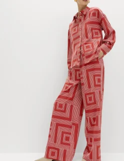 Satin Twill Printed Wide Leg Trousers