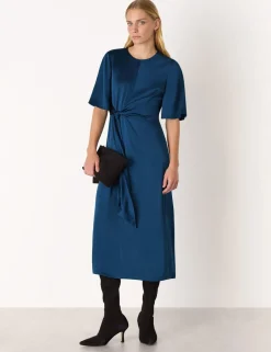Satin Twist Front Midi Waisted Dress