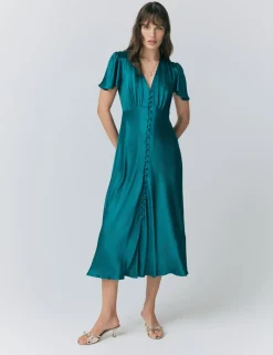 Satin V-Neck Angel Sleeve Midi Tea Dress
