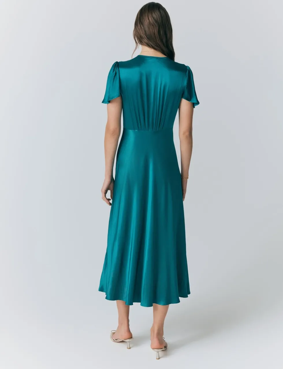Satin V-Neck Angel Sleeve Midi Tea Dress