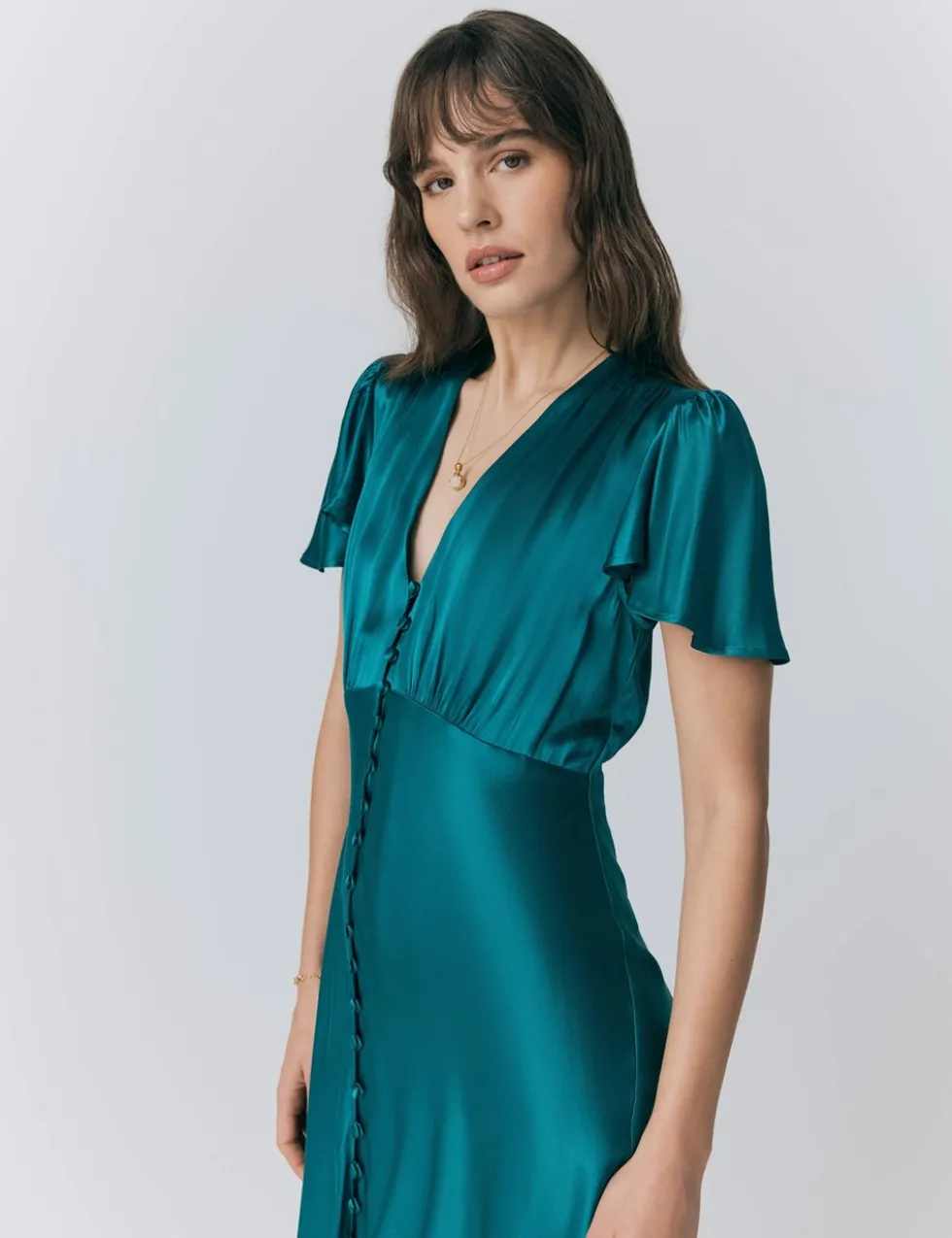 Satin V-Neck Angel Sleeve Midi Tea Dress