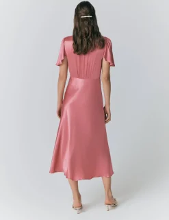 Satin V-Neck Angel Sleeve Midi Tea Dress