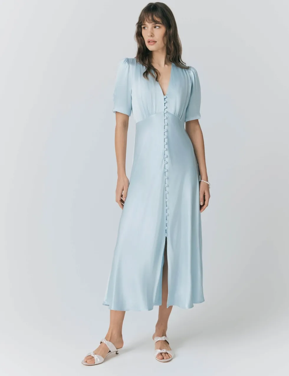 Satin V-Neck Button Through Midaxi Tea Dress