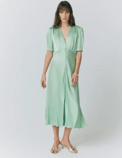 Satin V-Neck Button Through Midaxi Tea Dress