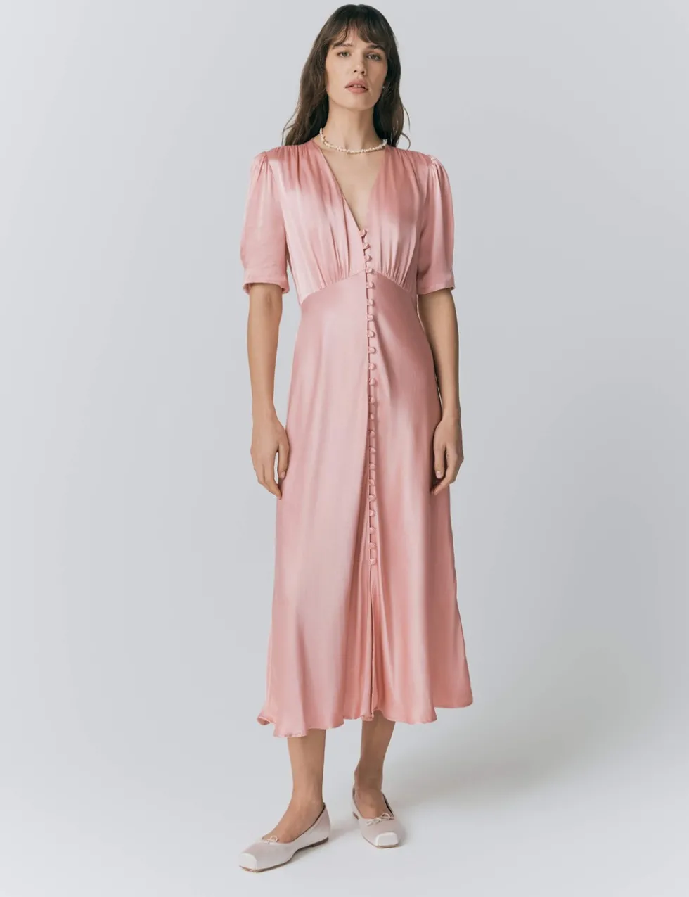 Satin V-Neck Button Through Midaxi Tea Dress