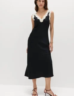 Satin V-Neck Lace Insert Midi Slip Dress