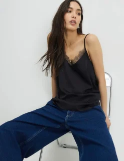 Satin V-Neck Lace Trim Cami Top