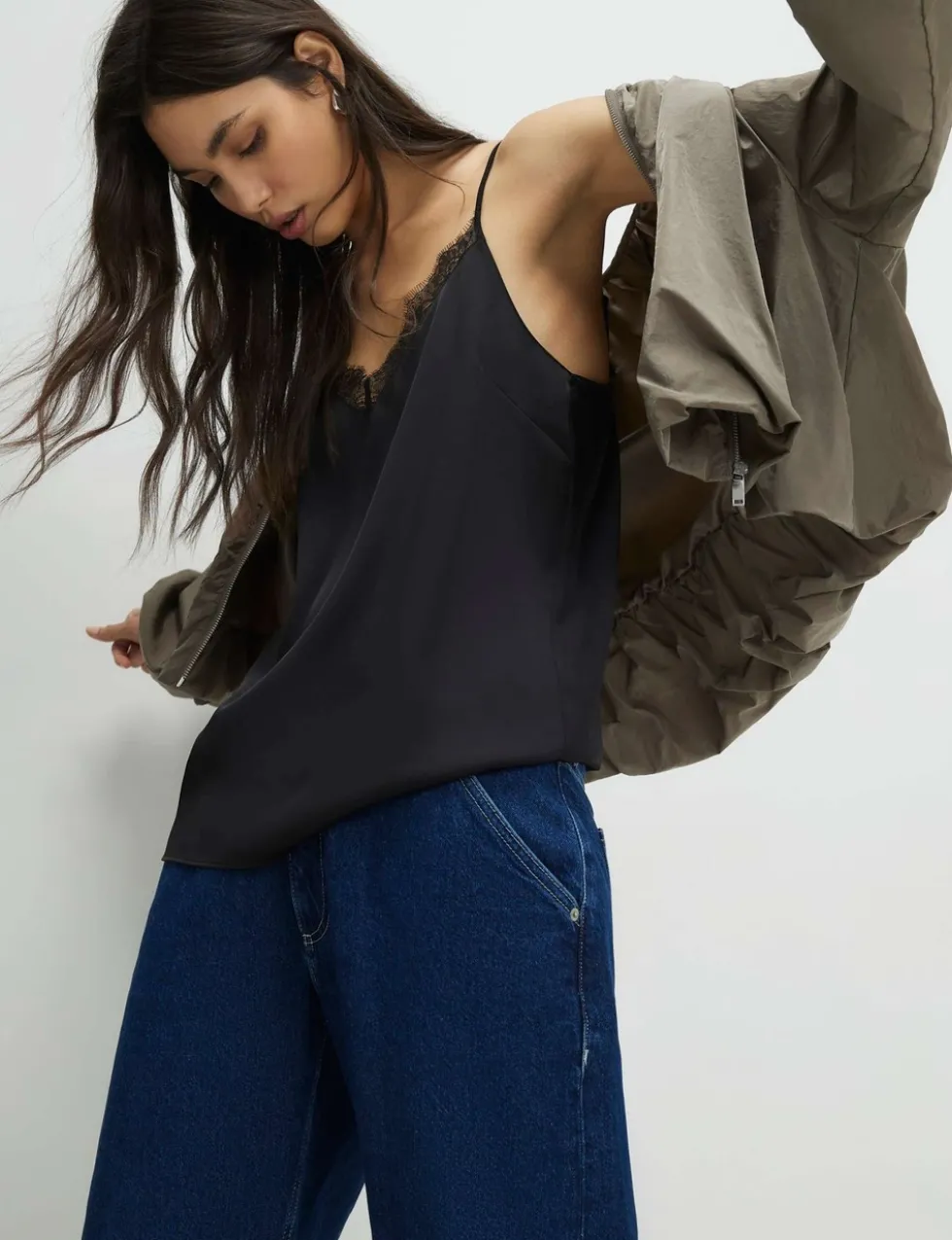Satin V-Neck Lace Trim Cami Top