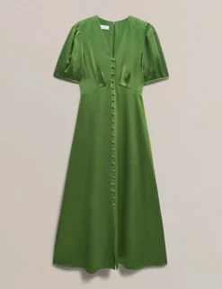 Satin V-Neck Midi Skater Dress