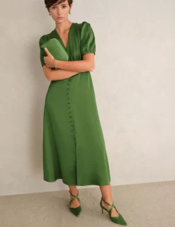 Satin V-Neck Midi Skater Dress