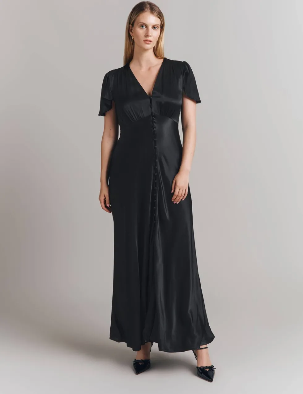 Satin V-Neck Midi Skater Dress