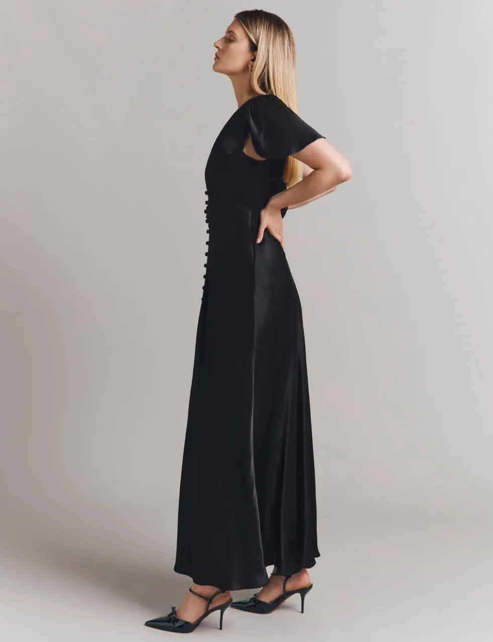 Satin V-Neck Midi Skater Dress