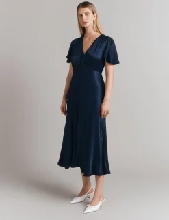 Satin V-Neck Midi Skater Dress