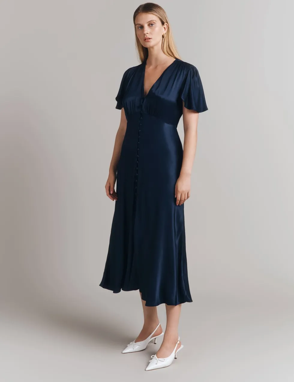 Satin V-Neck Midi Skater Dress