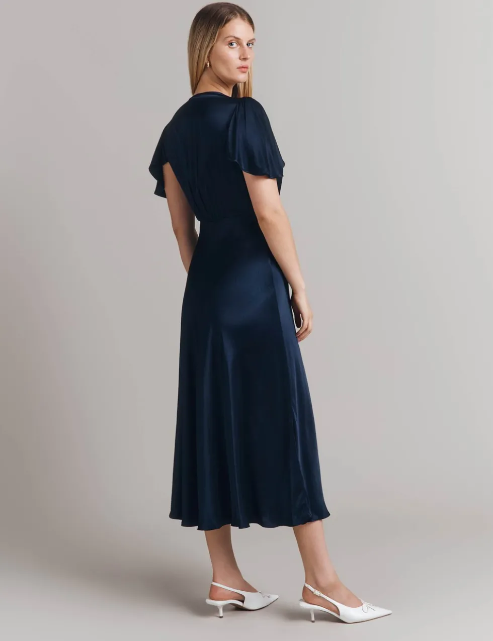 Satin V-Neck Midi Skater Dress