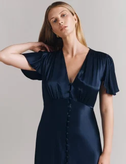 Satin V-Neck Midi Skater Dress