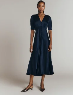 Satin V-Neck Midi Tea Dress