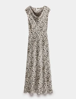 Satin Zebra Print Cowl Neck Midaxi Dress