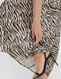 Satin Zebra Print Cowl Neck Midaxi Dress