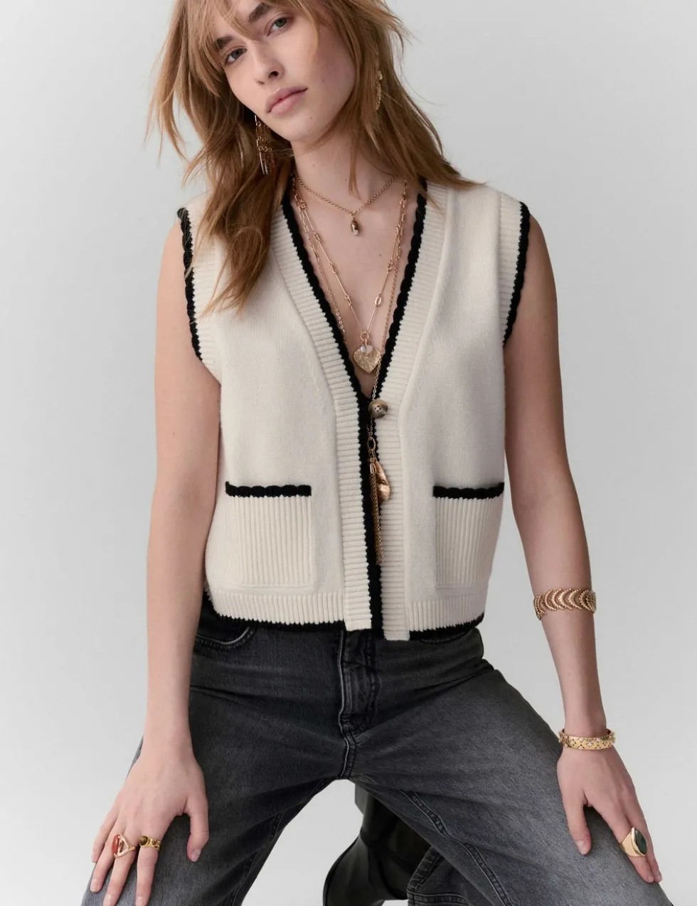 Scallop Edge Detail Knitted Tabard With Wool