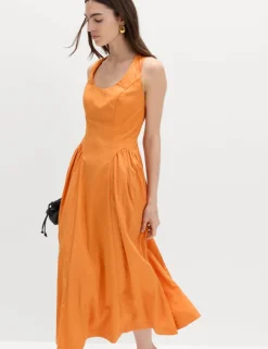 Scoop Neck Pleated Midi Drop Waist Dress