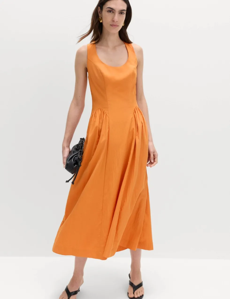 Scoop Neck Pleated Midi Drop Waist Dress