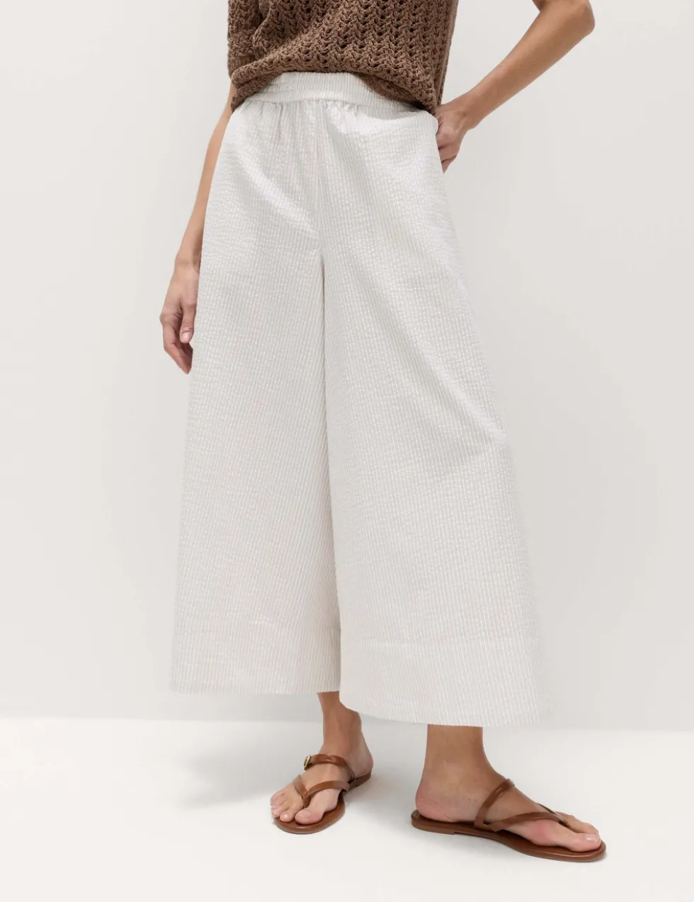 Seersucker Cropped Palazzo Trousers