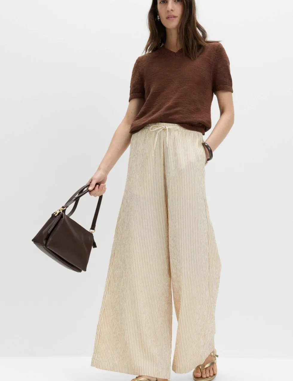 Seersucker Pull On Wide Leg Trousers